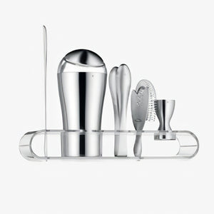 WMF Loft 6pc Bar Tools:  shaker- bar measure- bar strainer- bar spoon- tongs- plastic stand