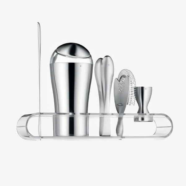 WMF Loft 6pc Bar Tools:  shaker- bar measure- bar strainer- bar spoon- tongs- plastic stand