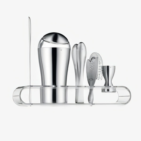WMF Loft 6pc Bar Tools:  shaker- bar measure- bar strainer- bar spoon- tongs- plastic stand 